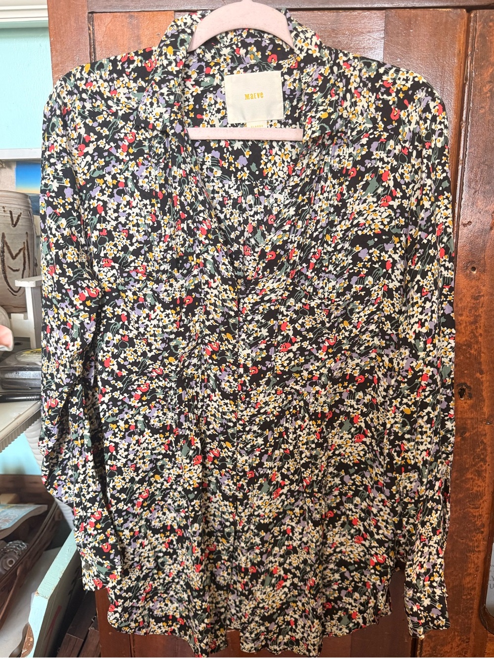 Maeve Anthropologie Black Floral Button-Front Blouse XL